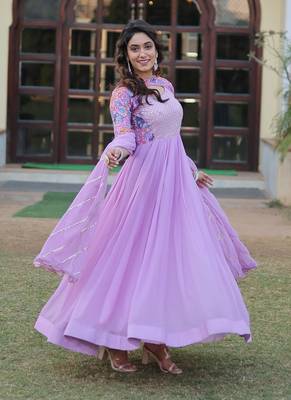 Lavender faux georgette rich floral position print work gown 4