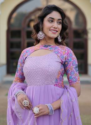Lavender faux georgette rich floral position print work gown 5