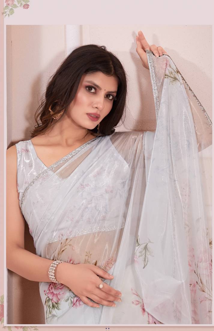 White Digital Print  Glass Organza Handwork Zircon Border Designer Saree Blouse