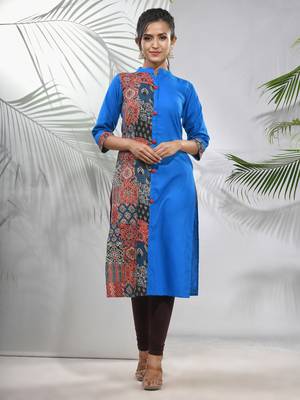 Cobalt blue cotton ajrak printed straight kurta 1