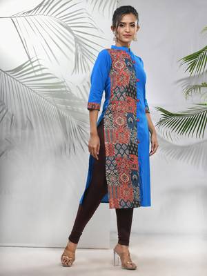 Cobalt blue cotton ajrak printed straight kurta 2