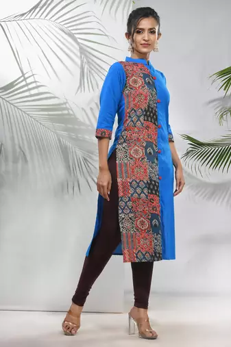 Cobalt blue cotton ajrak printed straight kurta