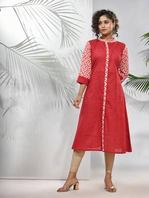 Red cotton a-line kurta 1