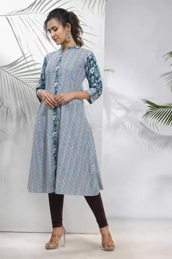 White cotton printed a-line kurta