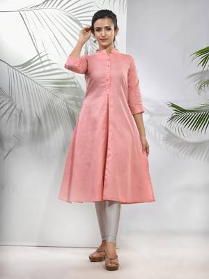 Peach solid cotton a-line kurta 1