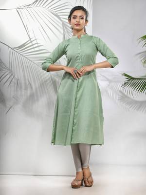 Pistachio green solid cotton a-line kurta 1