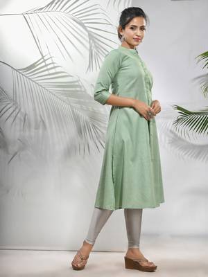 Pistachio green solid cotton a-line kurta 2