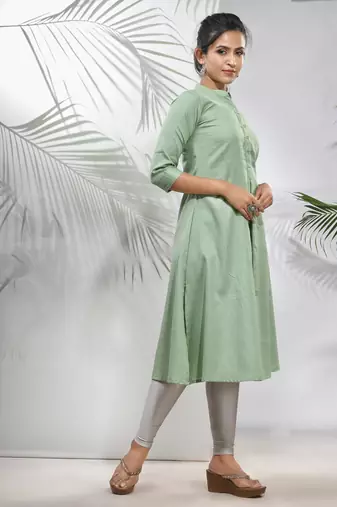 Pistachio green solid cotton a-line kurta
