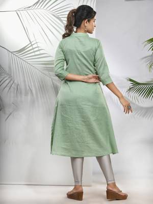 Pistachio green solid cotton a-line kurta 3