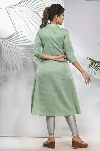 Pistachio green solid cotton a-line kurta