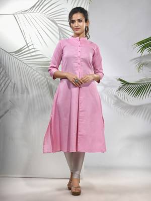Baby pink solid cotton a-line kurta 1