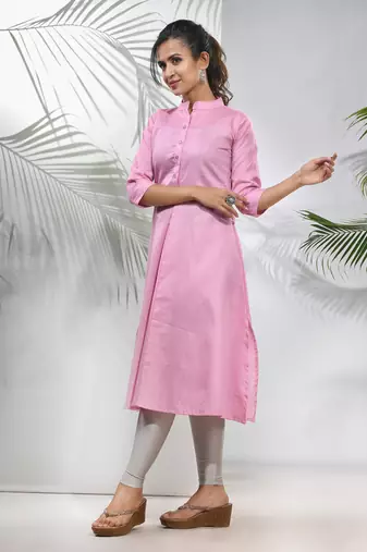 Baby pink solid cotton a-line kurta