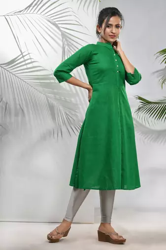 Green solid cotton a-line kurta