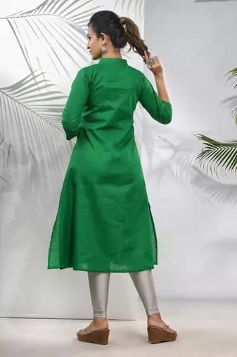 Green solid cotton a-line kurta