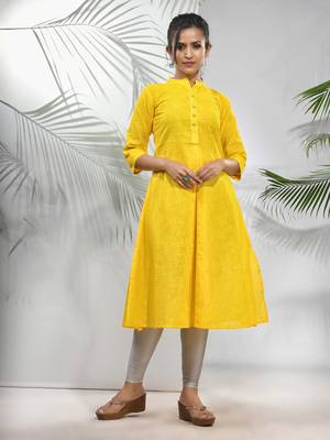 Yellow solid cotton a-line kurta 1