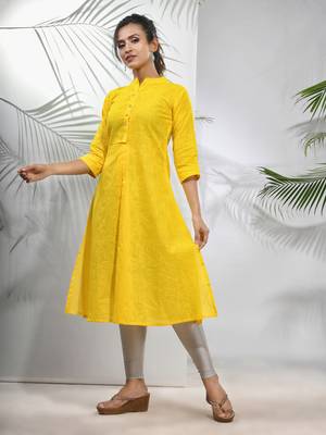 Yellow solid cotton a-line kurta 2