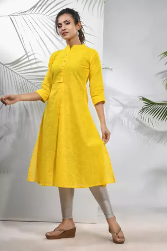 Yellow solid cotton a-line kurta