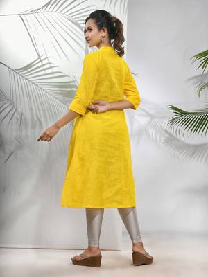 Yellow solid cotton a-line kurta 3