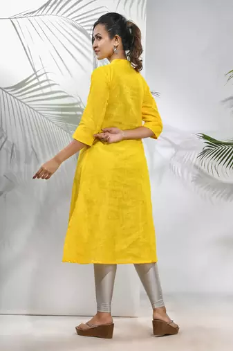 Yellow solid cotton a-line kurta