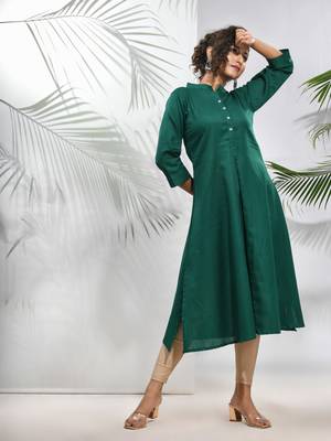 Green solid cotton a-line kurta 2