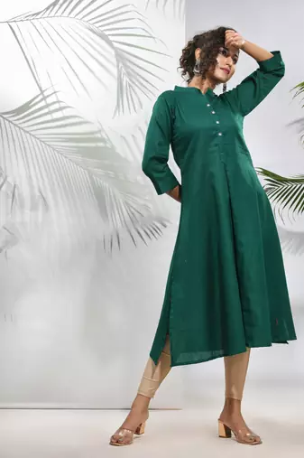 Green solid cotton a-line kurta