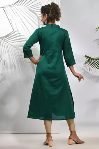 Green solid cotton a-line kurta