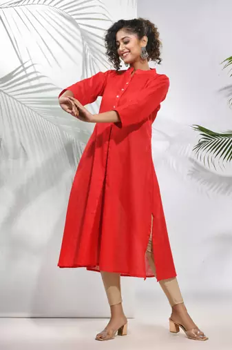 Red solid cotton a-line kurta