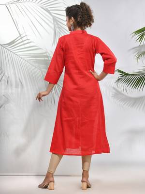 Red solid cotton a-line kurta 3