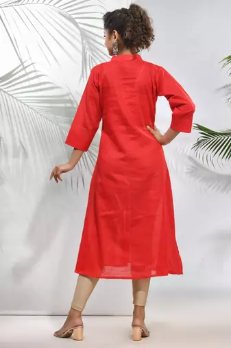 Red solid cotton a-line kurta