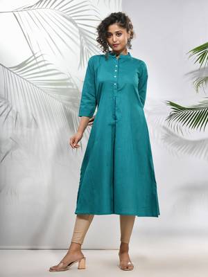 Teal solid cotton a-line kurta 1