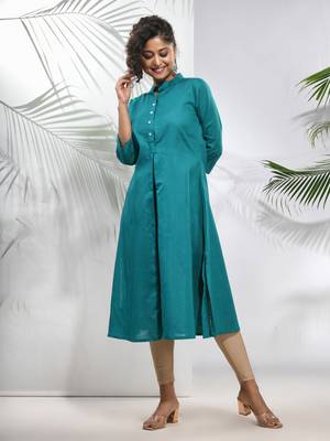 Teal solid cotton a-line kurta 2