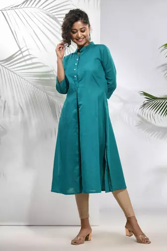 Teal solid cotton a-line kurta
