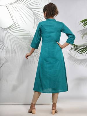 Teal solid cotton a-line kurta 3