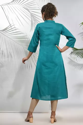 Teal solid cotton a-line kurta