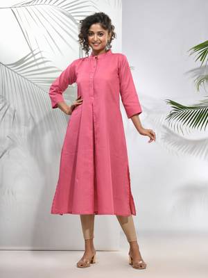 Pink solid cotton a-line kurta 1