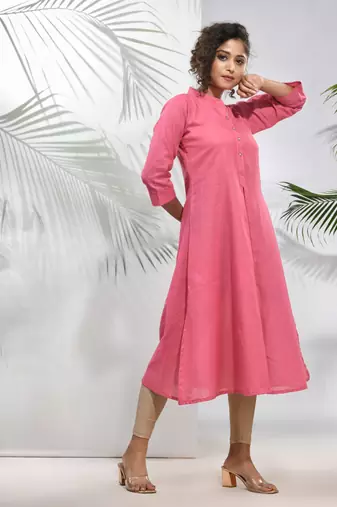 Pink solid cotton a-line kurta