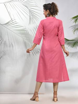 Pink solid cotton a-line kurta 3