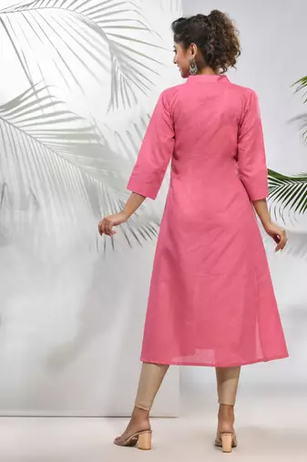 Pink solid cotton a-line kurta