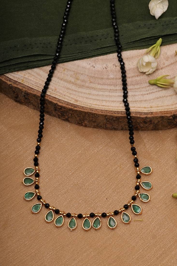 Black Beaded Necklace With Gold Plated