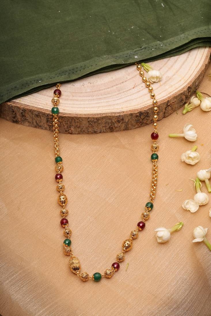Multicolour Gold Plated-Plated Necklace with Red and Green Stones