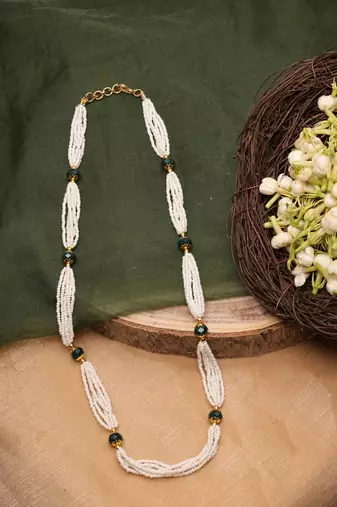 Necklace with White Beads and Green Stones