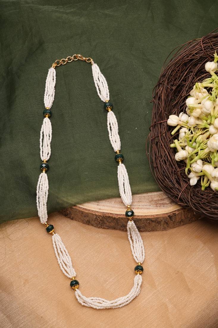 Necklace with White Beads and Green Stones