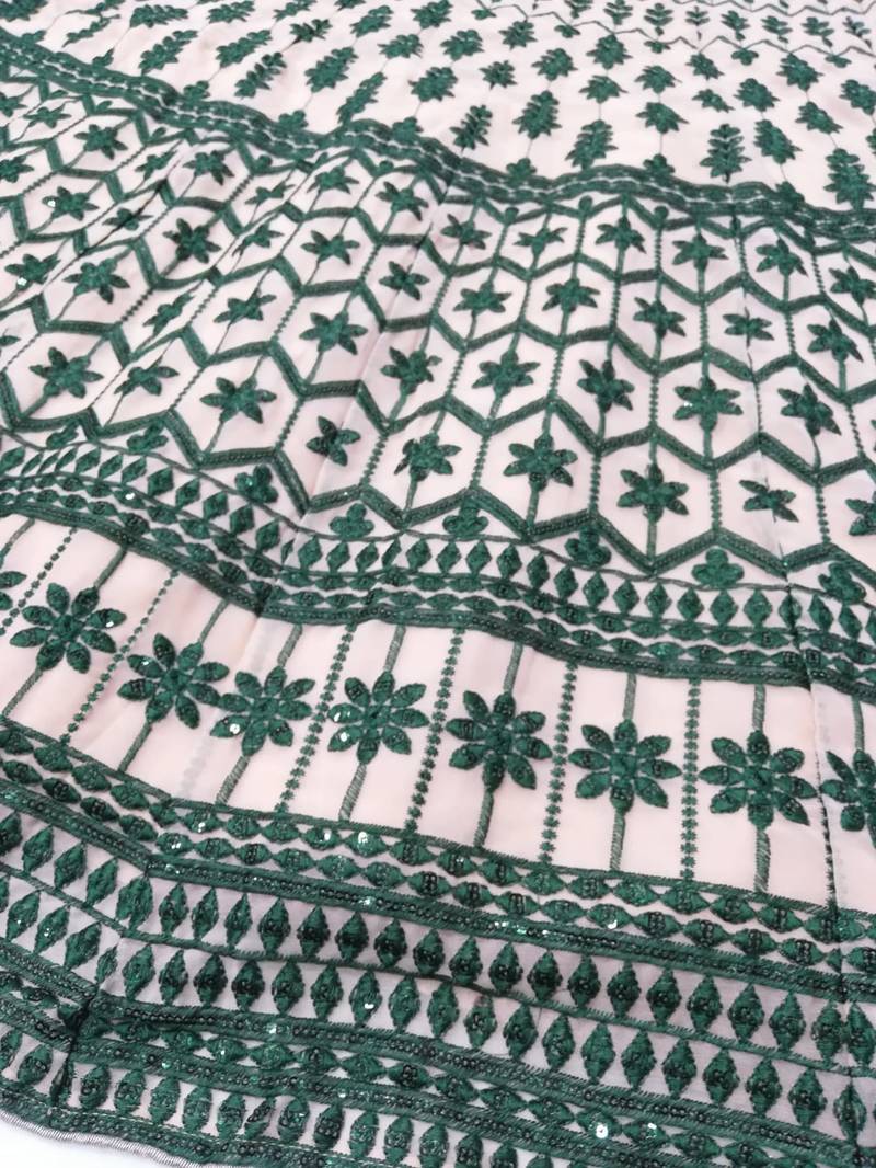 Chiku and Dark-green Dori, Sequins Embroidered georgette semi stitched Party wear lehenga choli