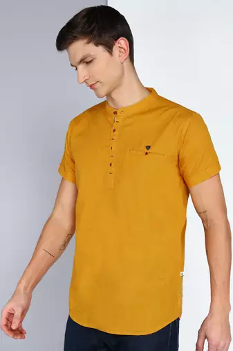 men's mustard linen cotton half sleeve  short kurta