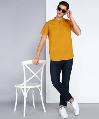 men's mustard linen cotton half sleeve  short kurta 4