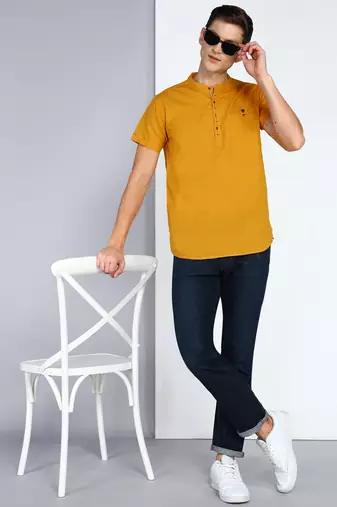 men's mustard linen cotton half sleeve  short kurta