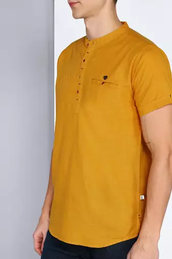 men's mustard linen cotton half sleeve  short kurta