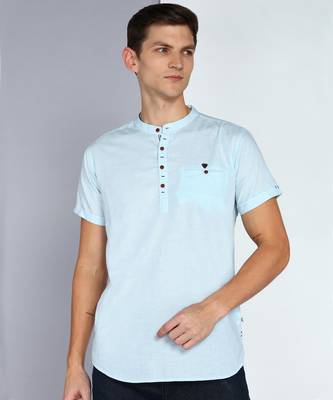 men's powder blue linen cotton half sleeve  short kurta 1