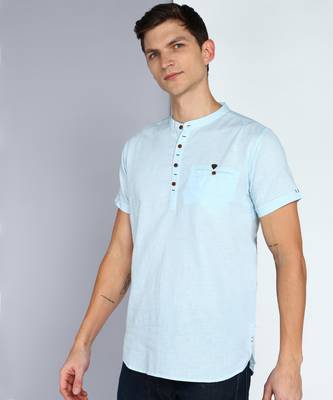 men's powder blue linen cotton half sleeve  short kurta 3