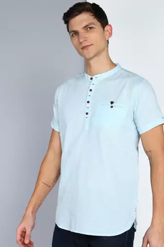 men's powder blue linen cotton half sleeve  short kurta